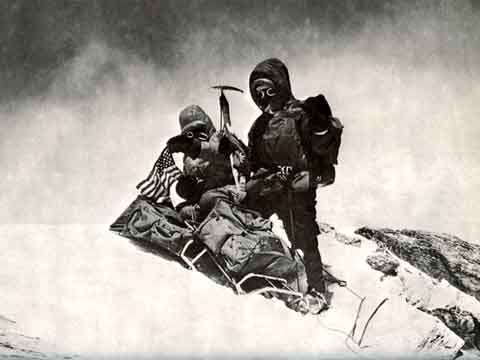 
John Roskelley and Ngawang Samden on Dhaulagiri summit May 12, 1973 - Mountain of Storms: The American Expeditions to Dhaulagiri book
